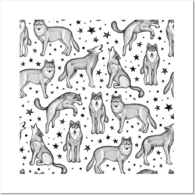 Wolves and Stars on White Wall Art by micklyn